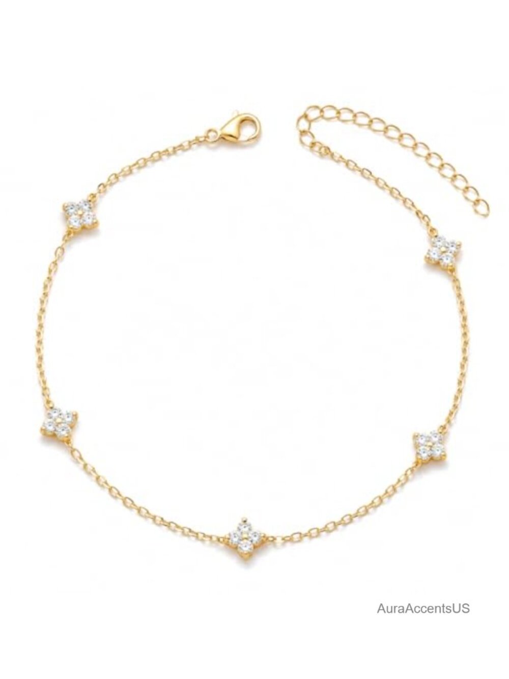 14K Gold Plated CZ Clover Anklet, Dainty Floral Layered Ankle Bracelet